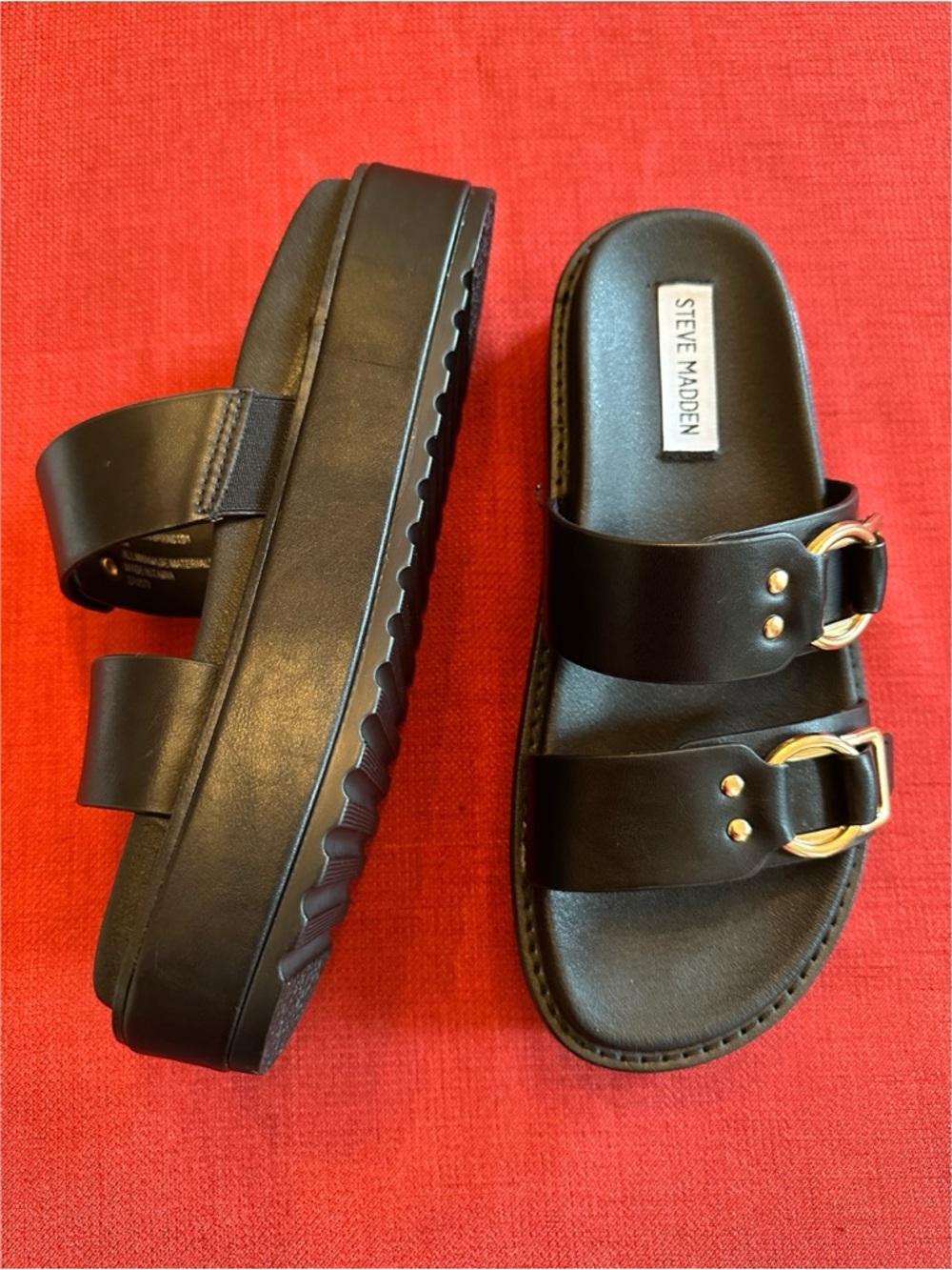 Steve Madden Black Slides with Gold Buckle Accents NWOB, 7 - Picture 2 of 9